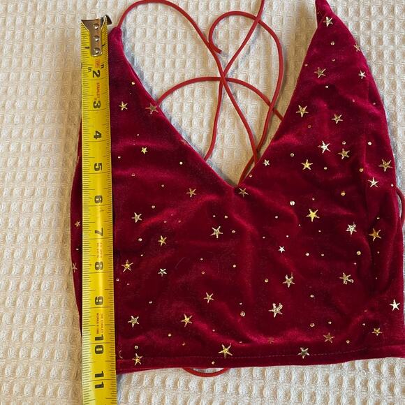 Romwe Red Velvet Celestial Gold Star Corset Back Spaghetti Strap Crop Top Med - Picture 6 of 7